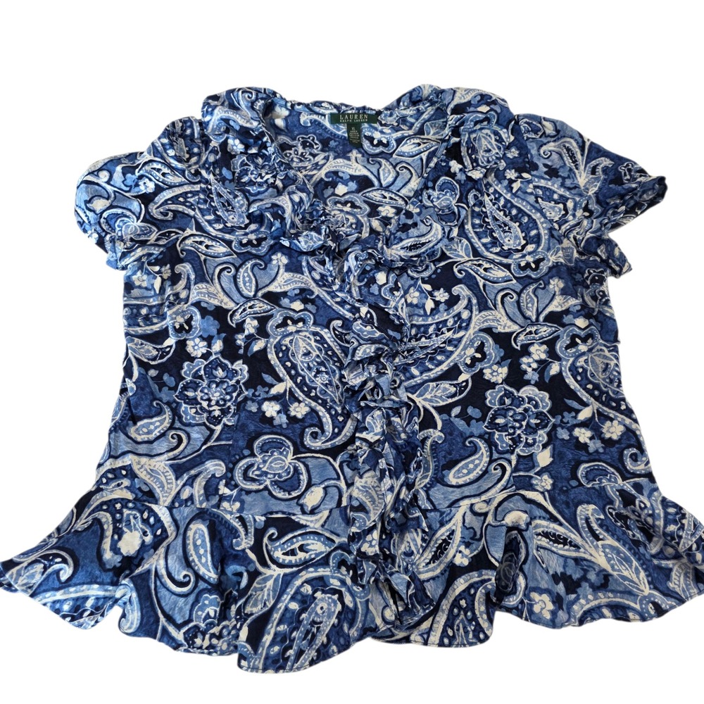 Lauren Ralph Lauren Blouse Top Womens Blue White XL Paisley Cotton Ruffle Button